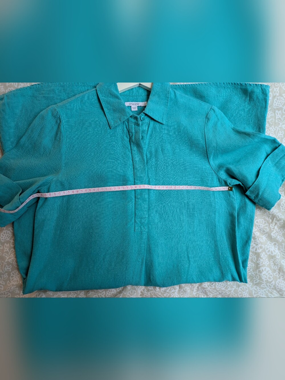 100% Linen Size 4 Chico's Teal Button-Front Collar Dress Summer|Coastal|Vibrant